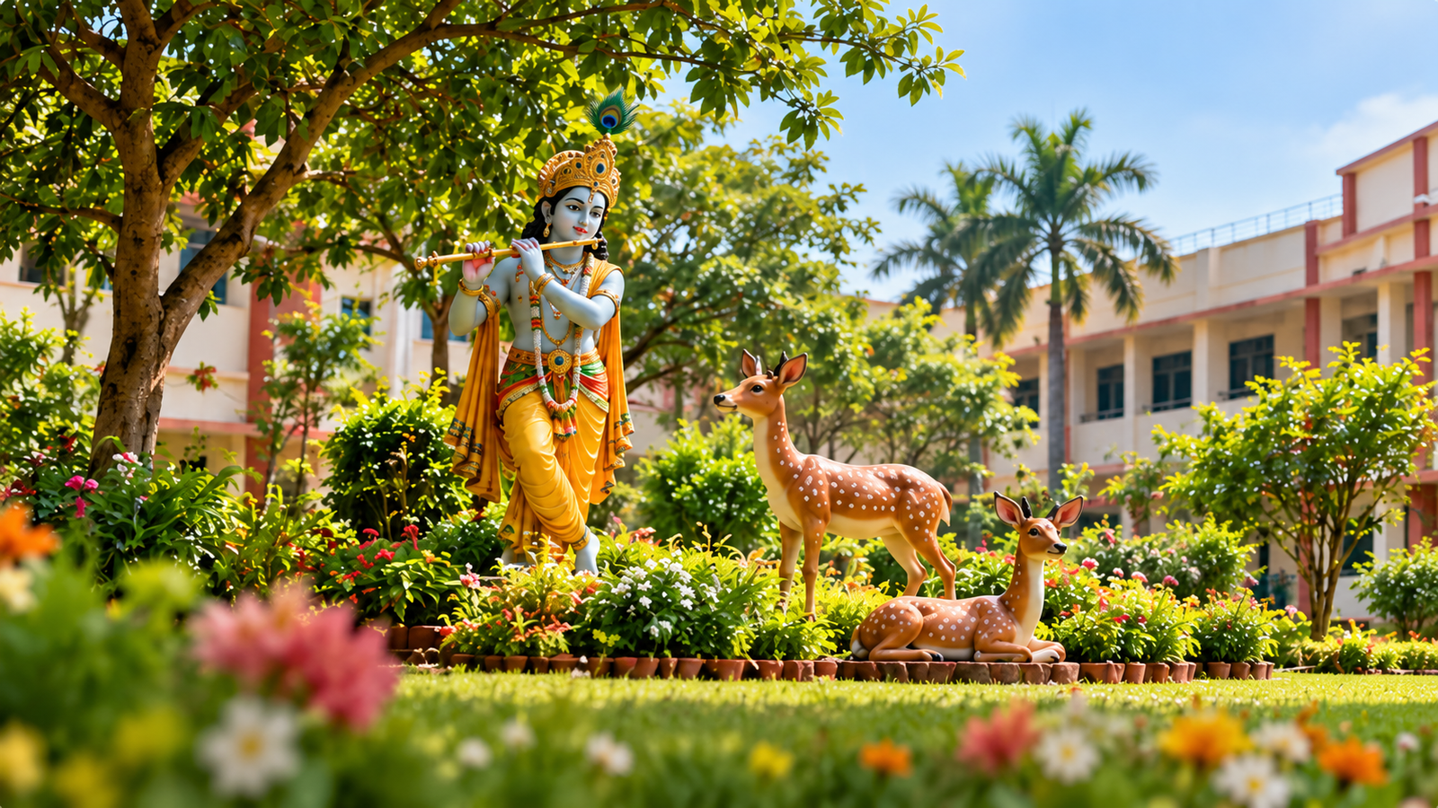 Lord Krishna playing the flute in the school garden with two deer
